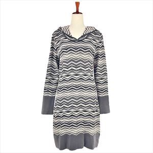 PRANA Meryl Hooded Long-Sleeve Sweater Dress in Coal Gray Chevron Stripe Size M